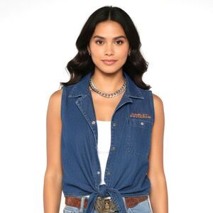 Harley Davidson Womens XS Denim Shirt Cutoff Tie Up Sleeveless Biker Chic Blue